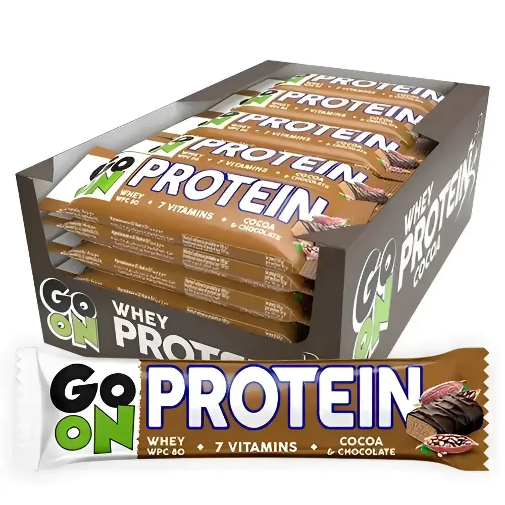 GO ON Protein Bar Cacao – Pack de 24 barres protéinées sans gluten, riches en vitamines et fibres, parfaites pour sportifs et actifs