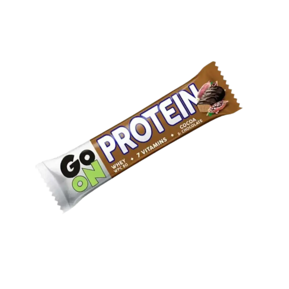 GO ON Protein Bar Cacao 50g – Barre protéinée chocolat sans gluten, riche en WPC 80 et vitamines, idéale pour la récupération musculaire