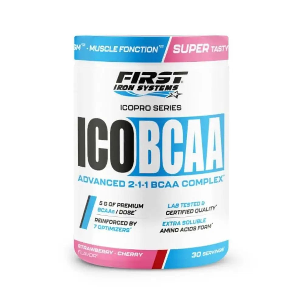 ICO BCAA Saveur Fraise Cerise Fusion - First Iron Systems | Complément alimentaire sportif à base de BCAA 2:1:1, L-Glutamine et vitamines pour améliorer la récupération musculaire, la performance et la synthèse protéique.