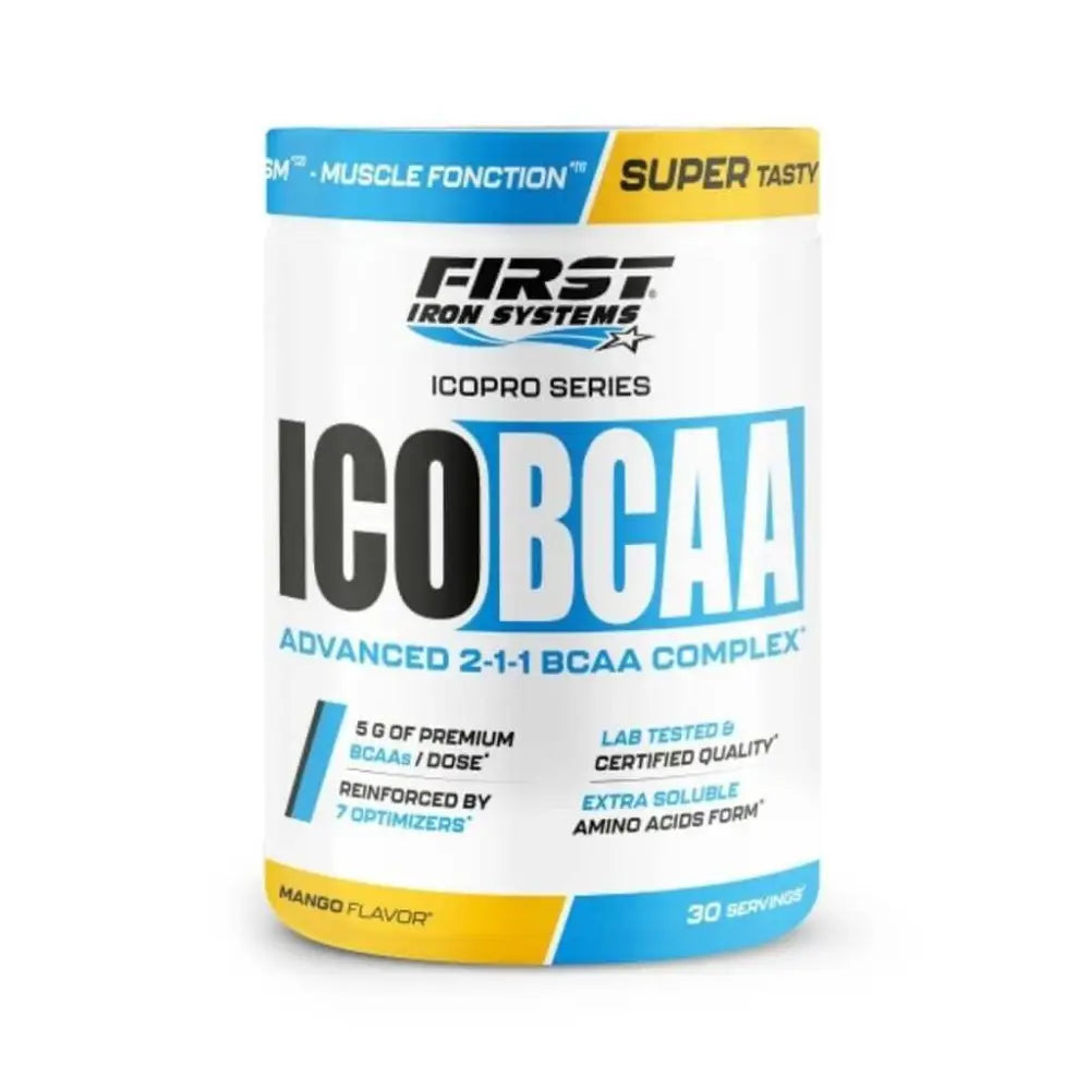 ICO BCAA Saveur Mangue - First Iron Systems | Complément alimentaire sportif à base de BCAA 2:1:1, L-Glutamine et vitamines pour améliorer la récupération musculaire, la performance et la synthèse protéique.