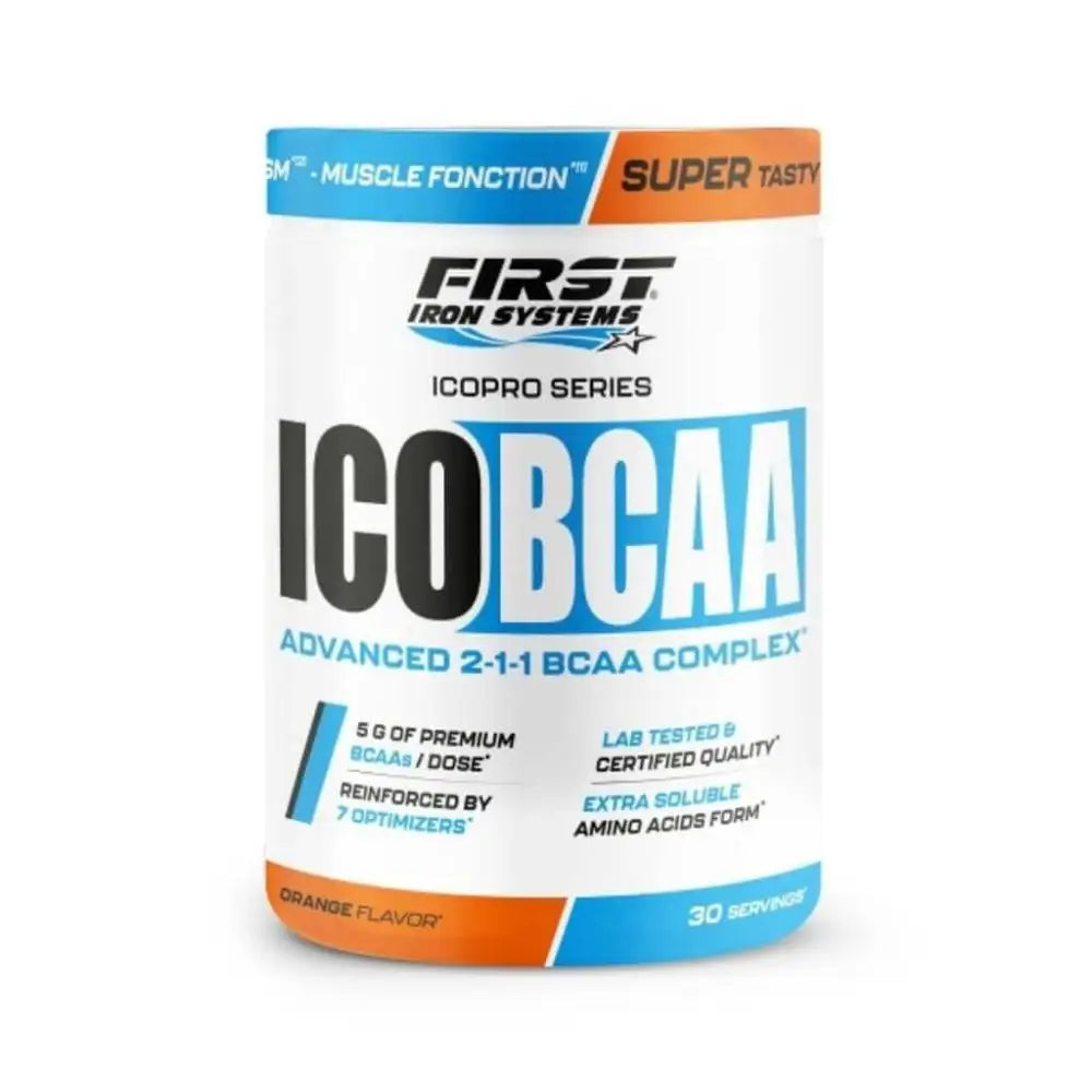 ICO BCAA Saveur Orange - First Iron Systems | Complément alimentaire sportif à base de BCAA 2:1:1, L-Glutamine et vitamines pour améliorer la récupération musculaire, la performance et la synthèse protéique.
