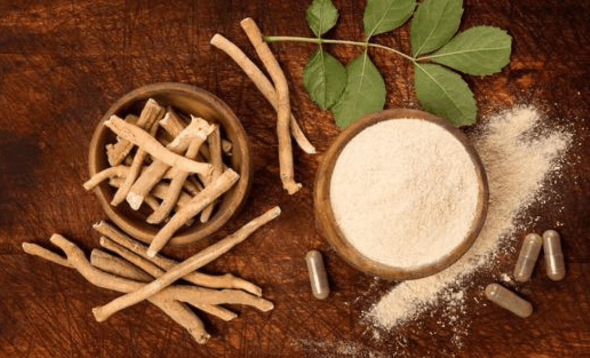 Herbe d'ashwagandha sur fond bois naturel