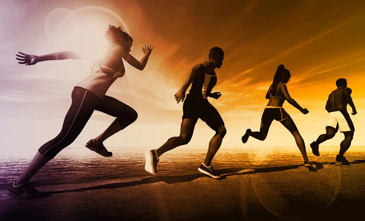 Sportifs en mouvement au coucher du soleil : énergie et immunité renforcées avec la vitamine D3 K2 MK7