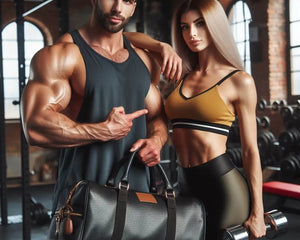 Collection complète de vêtements de fitness et musculation pour hommes et femmes chez Force Addict Pro, incluant débardeurs, T-shirts, brassières, leggings, sacs de sport et serviettes, disposés dans un environnement de gym moderne.