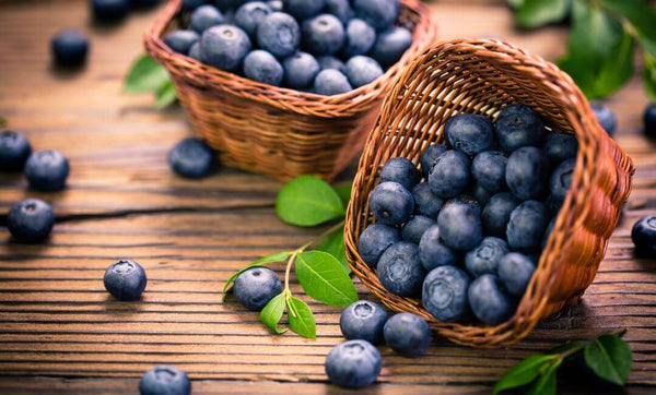 Reife, gesunde Blaubeeren in einem Korb auf einer rauen Holzarbeitsplatte