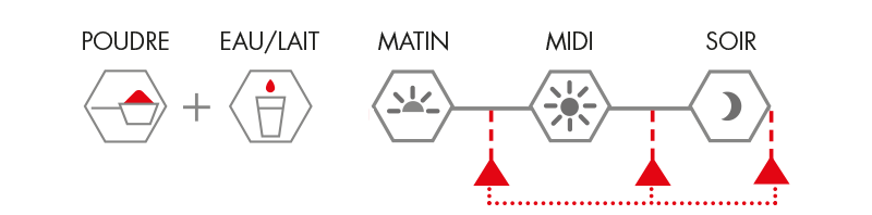 Schéma de prise quotidienne du ICO Casein 100 - First Iron Systems : Mélanger 30 g dans 200-250 ml d'eau, de lait ou de lait végétal. À consommer avant le coucher ou en collation pour une libération prolongée des protéines.