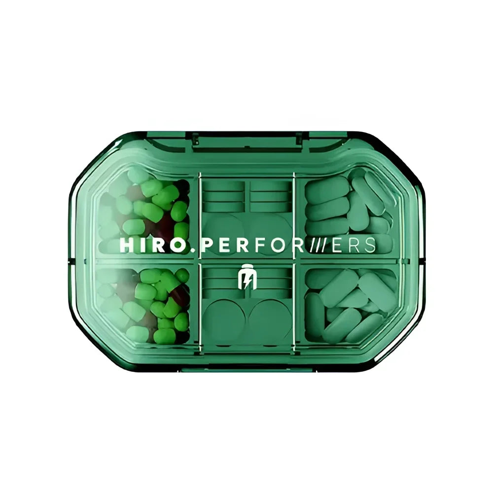 PillBox HIRO.PERFORMERS, boîte verte compartimentée pour le stockage de suppléments, vitamines et compléments alimentaires, idéale pour les sportifs