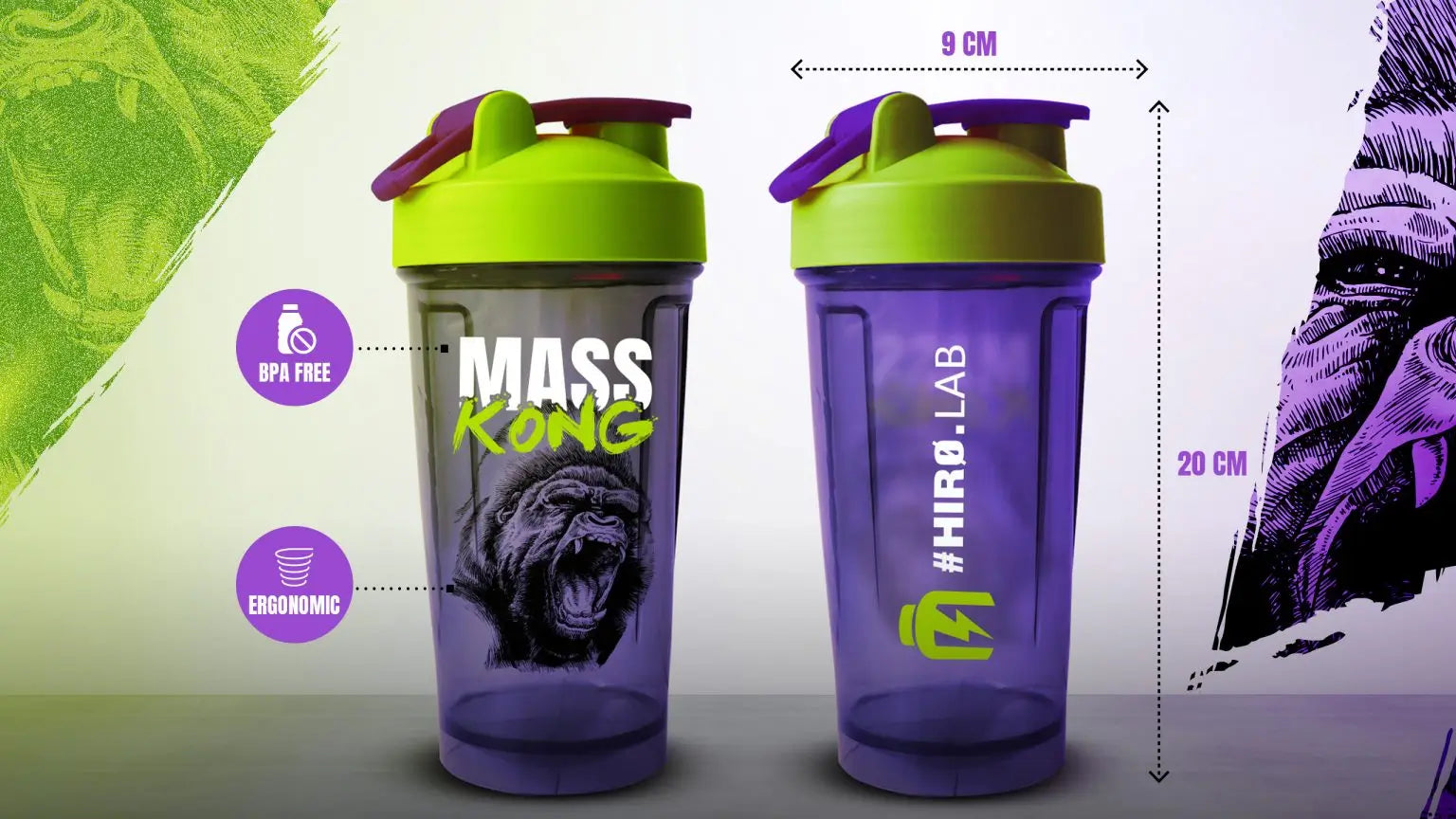 Shaker Mass Kong Hiro.Lab 500ml, sans BPA, ergonomique, bouchon sécurisé et échelle de mesure intégrée