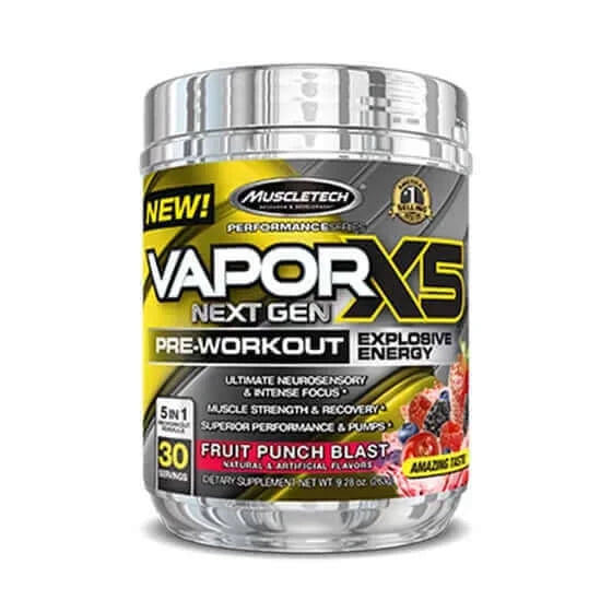 Vapor X5 Next Gen Fruit Punch Muscletech, supplément pré-entraînement, augmentant l'énergie, la force, et la récupération musculaire. 