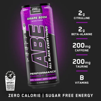 ABE Drink Pre-Workout 330ml Applied Nutrition saveur American Grape Soda - Boisson énergisante goût raisin avec 200 mg de caféine