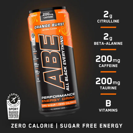 ABE Drink Pre-Workout 330ml Applied Nutrition saveur Orange Burst - Boisson pré-workout goût agrumes avec caféine et bêta-alanine