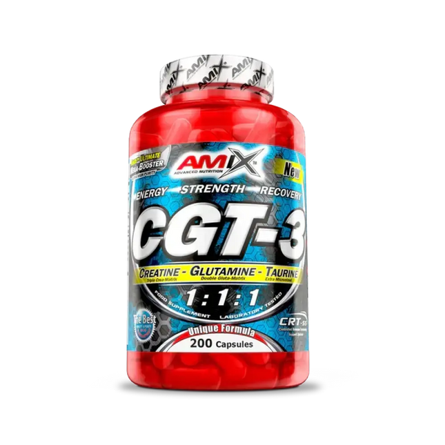 Amix CGT-3 200 Capsules – formule créatine, glutamine et taurine avec technologie CRT-SS pour force, endurance et récupération musculaire