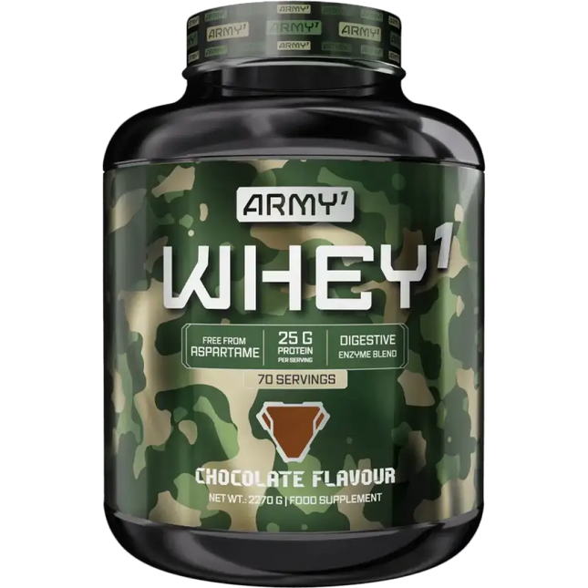 ARMY1 WHEY 1 Chocolat - Protéine de lactosérum 2,270 kg, 25 g de protéines par dose pour la musculation et la récupération.