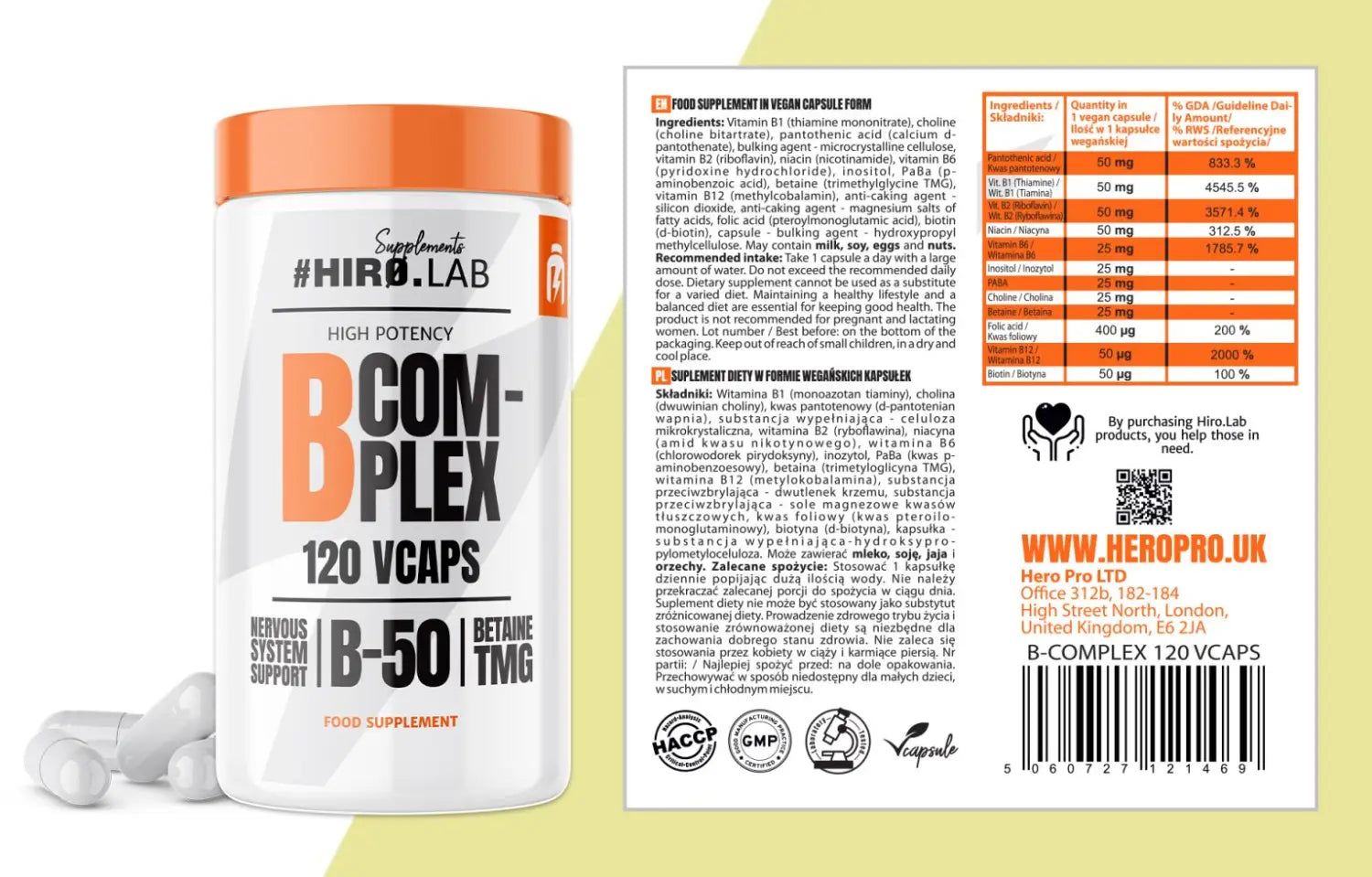B-Complex Hiro.Lab – 120 capsules végétales, supplément de vitamines B avec bétaïne TMG pour un métabolisme énergétique optimal. Certifié HACCP et ISO.