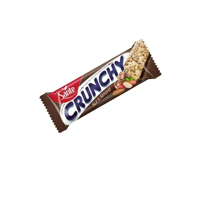Barre Crunchy Sante aux noix et amandes avec enrobage chocolaté, idéale pour un boost énergétique naturel
