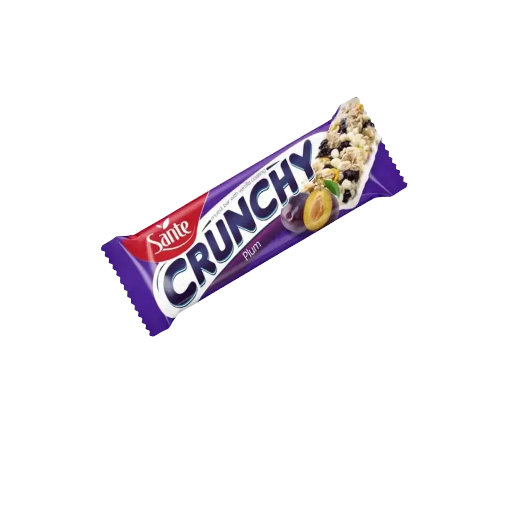 Barre Crunchy Sante saveur prune avec enrobage chocolaté, une encas savoureuse et nutritionnelle