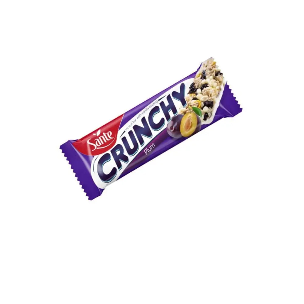 Barre Crunchy Sante saveur prune avec enrobage chocolaté, une encas savoureuse et nutritionnelle