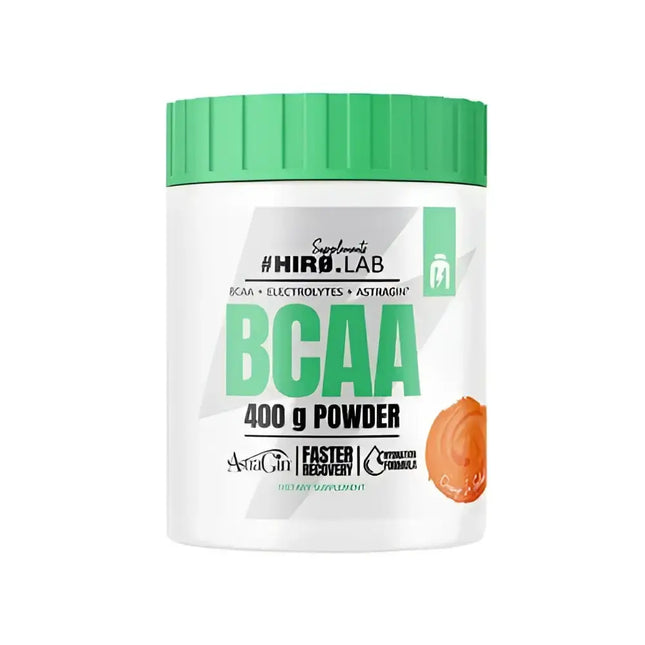 Pot de BCAA Hiro.Lab 400g avec AstraGin® Parfum Orange  – Complément alimentaire pour la récupération musculaire et l'hydratation. Formule enrichie en électrolytes et acides aminés essentiels.