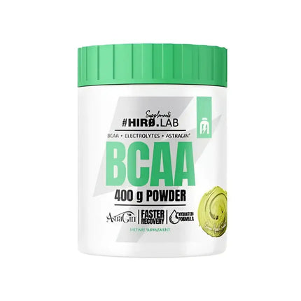 Pot de BCAA Hiro.Lab 400g avec AstraGin® Parfum Pomme Verte  – Complément alimentaire pour la récupération musculaire et l'hydratation. Formule enrichie en électrolytes et acides aminés essentiels.