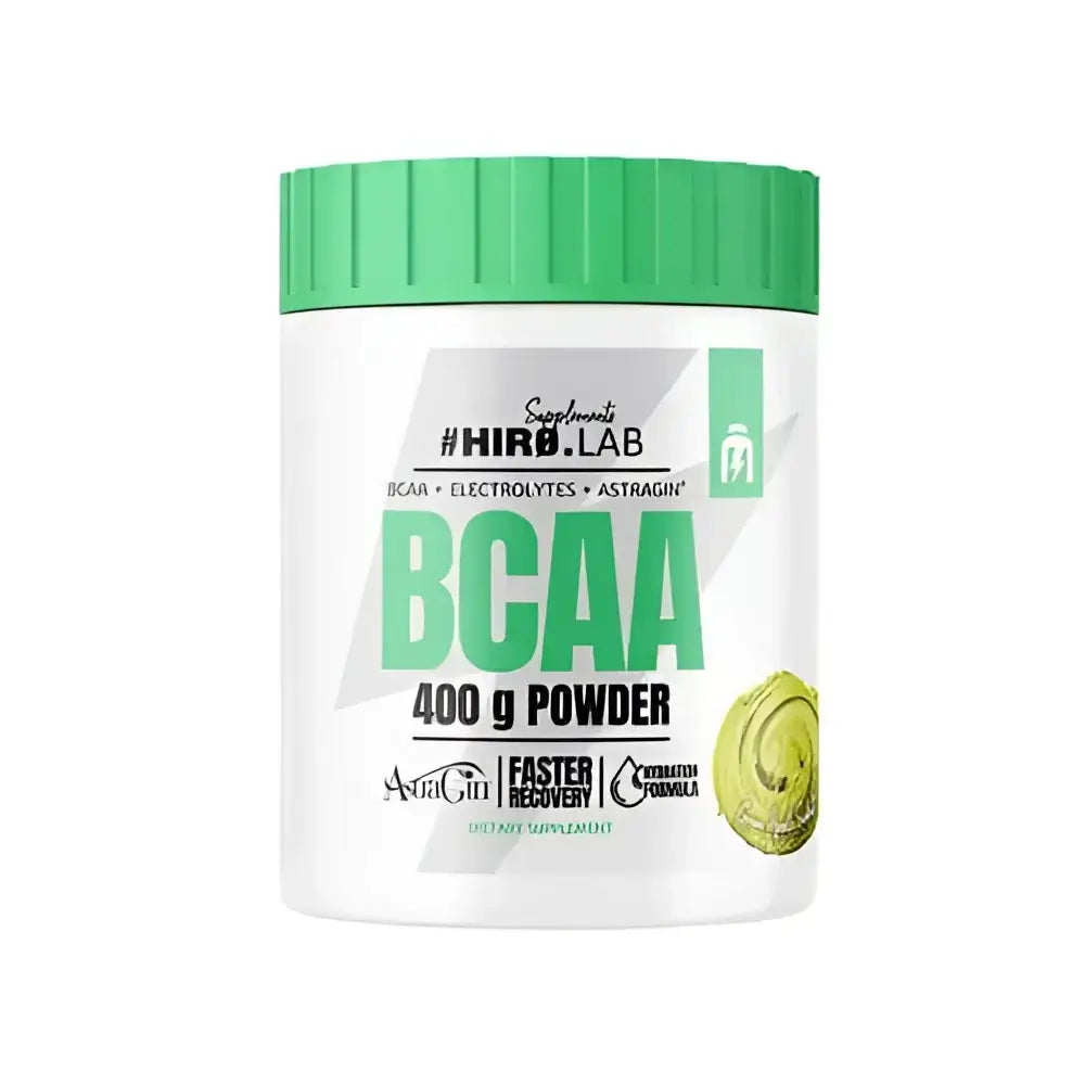 Pot de BCAA Hiro.Lab 400g avec AstraGin® Parfum Pomme Verte  – Complément alimentaire pour la récupération musculaire et l'hydratation. Formule enrichie en électrolytes et acides aminés essentiels.