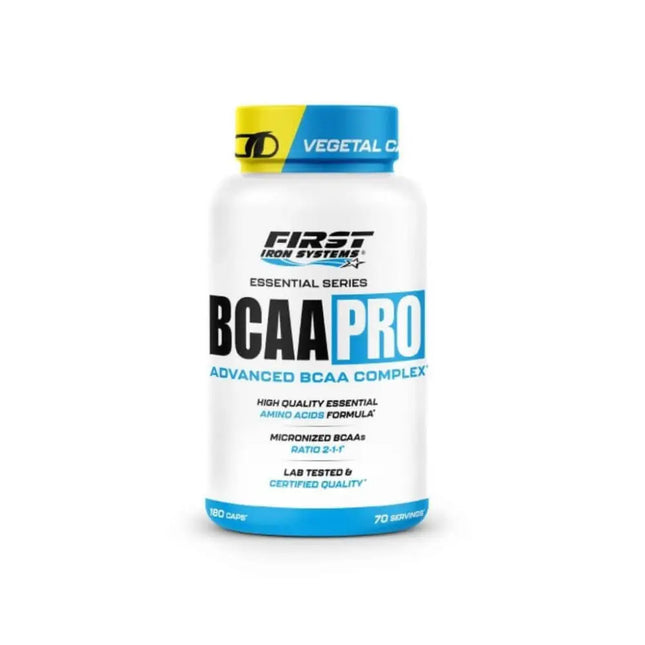 BCAA PRO 180 Gélules - First Iron Systems | Complément alimentaire pour récupération musculaire, endurance et performance. Formule enrichie en Vitamine B6, ratio 2:1:1, idéale pour les sportifs et la musculation.