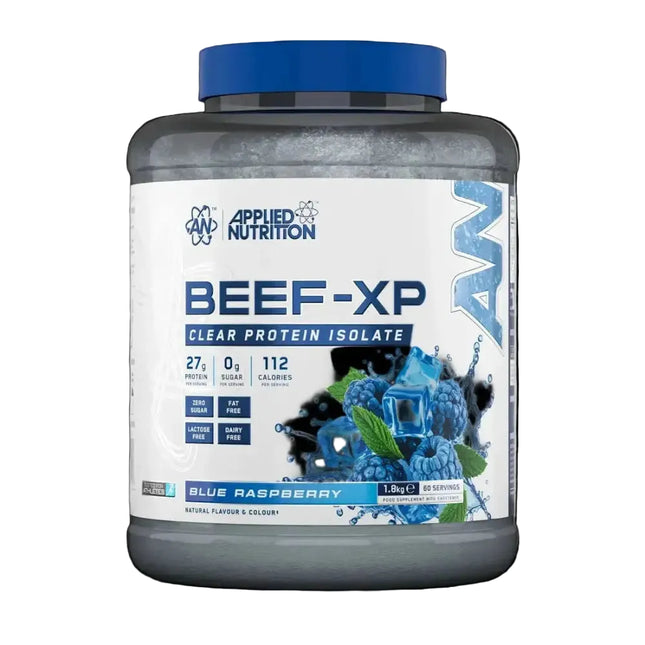 Applied nutrition bœuf-xp isolat protéiné protéine claire 1800g saveur framboise bleue dans un pot transparent avec couvercle bleu