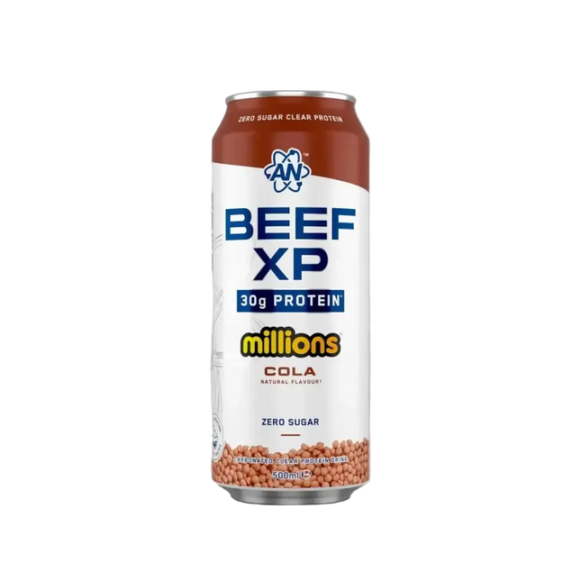 Une canette en aluminium marron et blanche beef-xp clear protéine drink 500ml zero sucre avec 30g de protéine amino acids creatine