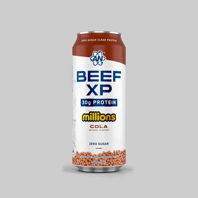 Une canette en aluminium marron et blanche beef-xp clear protéine drink 500ml zero sucre avec 30g de protéine amino acids creatine