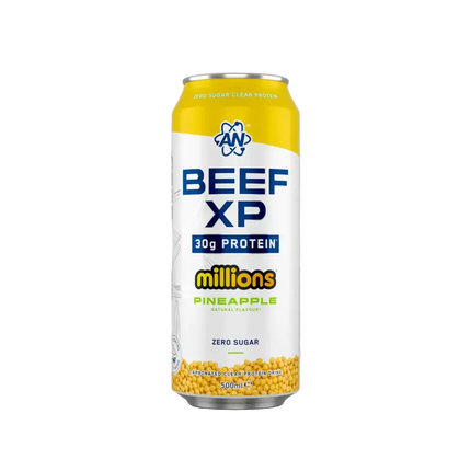 Canette jaune et blanche de beef-xp clear protéine drink 500ml saveur ananas avec 30g de protéine et zéro sucre