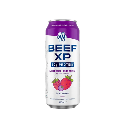 Canette en aluminium violette et blanche de beef xp clear protéine drink 500ml saveur berry avec 30g de protéine par portion