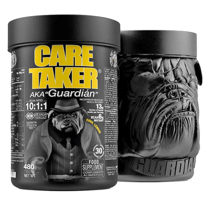 Conteneur noir de supplément avec image de bulldog pour Caretaker 10:1:1 BCAA de Zoomad Labs® destinée à l’entretien musculaire