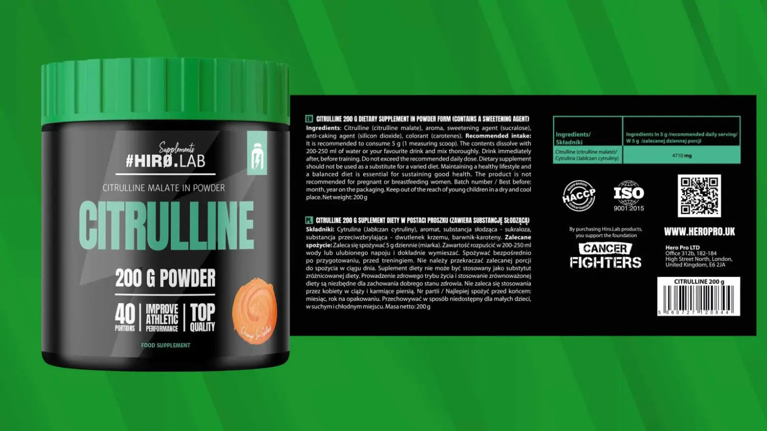 Étiquette Hiro.Lab Citrulline 200g – Composition et mode d’emploi