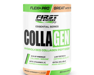 Collagen Saveur Pêche Abricot - First Iron Systems | Complément alimentaire à base de peptides de collagène bovin. Soutien optimal des articulations, des tendons, de la peau et des tissus conjonctifs.