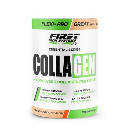Collagen Saveur Pêche Abricot - First Iron Systems | Complément alimentaire à base de peptides de collagène bovin. Soutien optimal des articulations, des tendons, de la peau et des tissus conjonctifs.