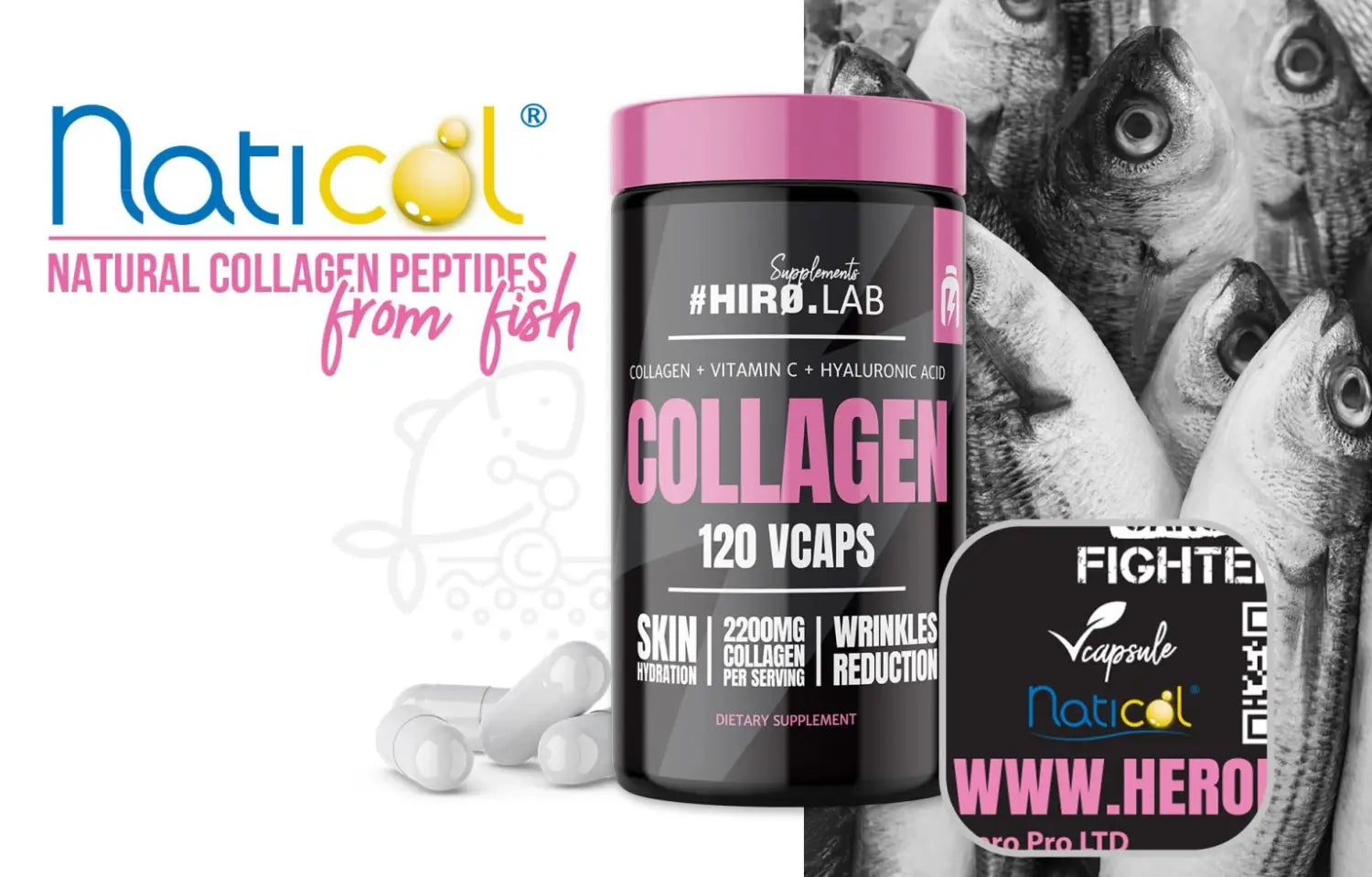 Collagène 120 capsules Hiro Lab - Peptides marins, Vitamine C et Acide Hyaluronique pour la peau