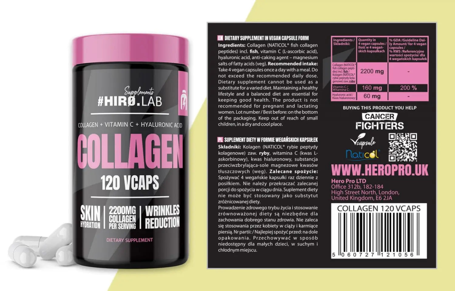 Étiquette du Collagène Hiro Lab 120 capsules - Complément à base de peptides marins et antioxydants