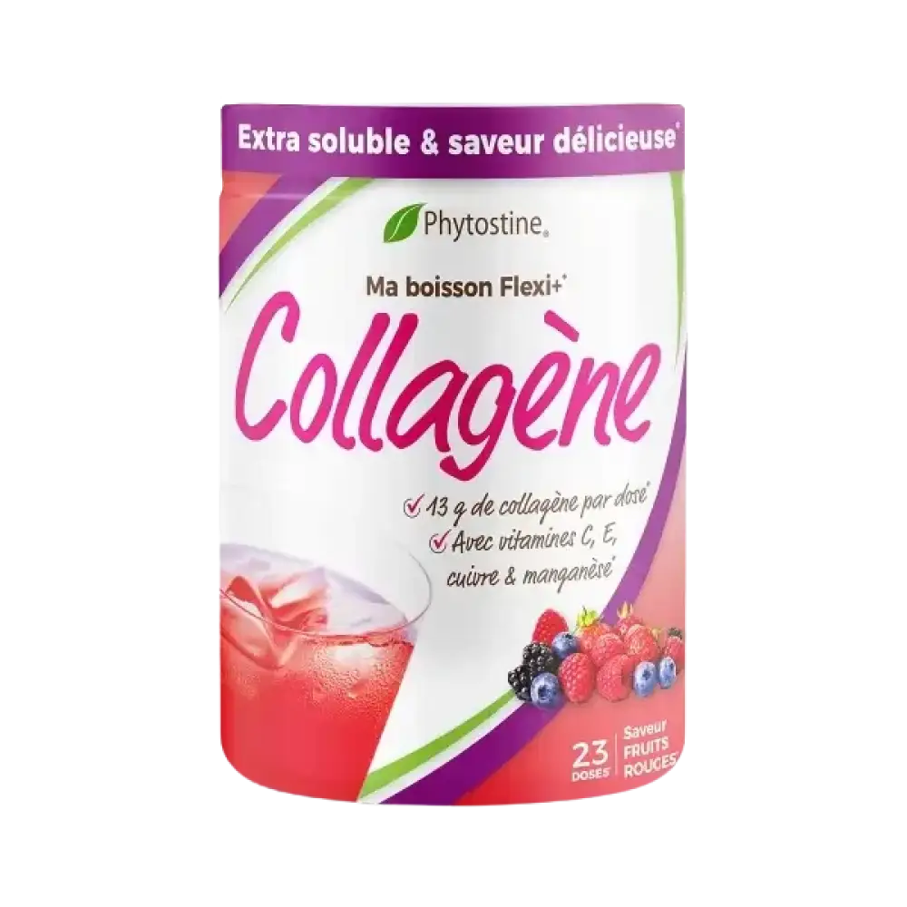 Collagène en poudre Phytostine 345g – Saveur Fruits Rouges – Formule enrichie en vitamines C, E, cuivre et manganèse pour les articulations