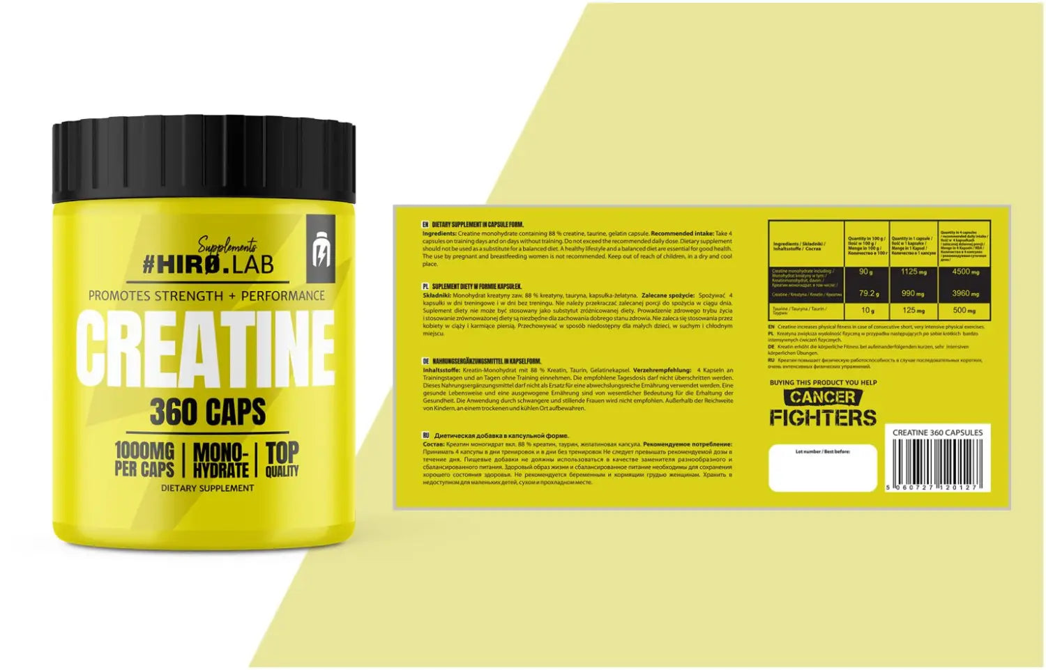 Étiquette détaillée de la créatine Hiro Lab 360 capsules - Monohydrate de créatine pour l'entraînement