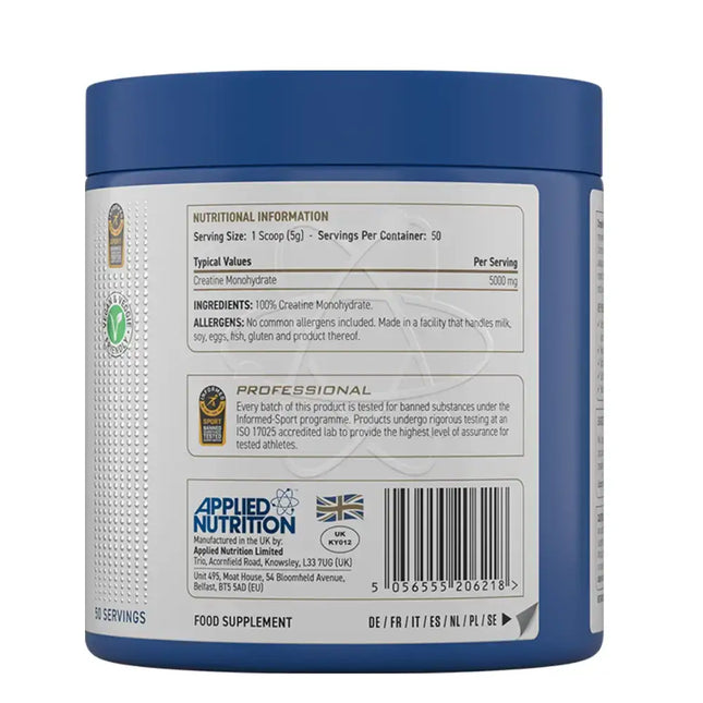 Contenant de créatine monohydrate micronisée Applied 250g pour la performance sportive