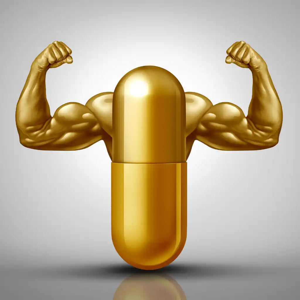 Capsule dorée avec des bras musclés.