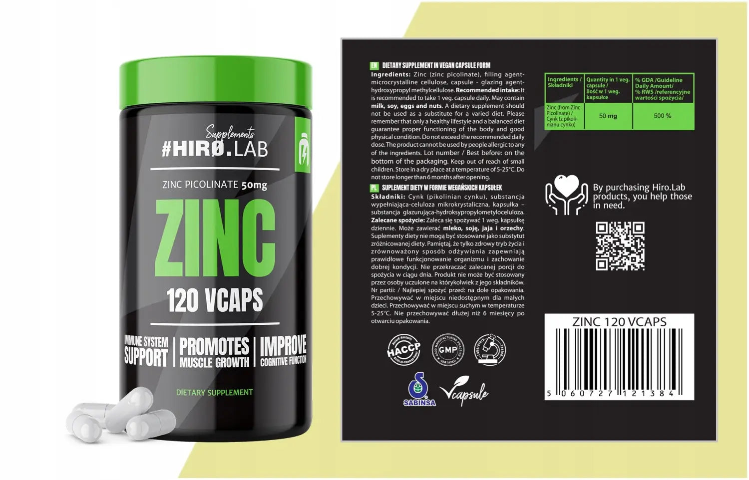 Étiquette Zinc Picolinate Hiro.Lab - Détails nutritionnels et certifications qualité ISO & HACCP