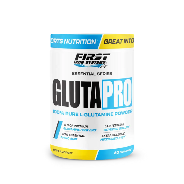Un pot blanc gluta pro 300g first iron systems essentielle series avec poudre pure l glutamine pour acides aminés musculaires essentielle lors d’efforts