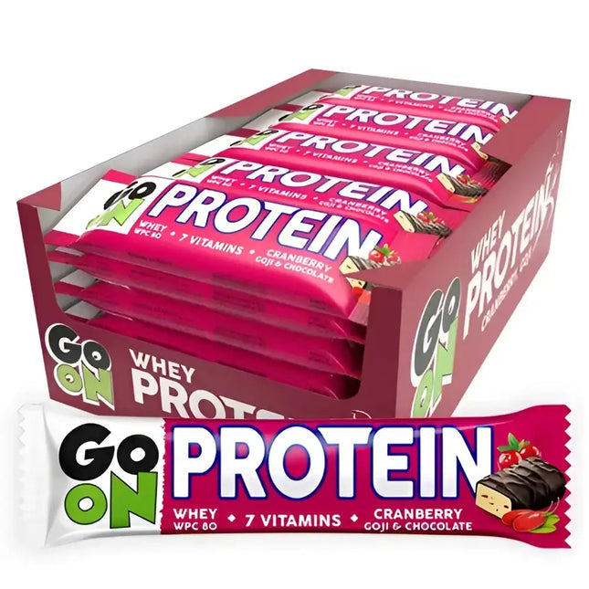 GO ON Protein Bar Cranberry – Pack de 24 barres protéinées énergétiques aux canneberges, enrobées de chocolat, riches en vitamines et fibres pour sportifs et actifs