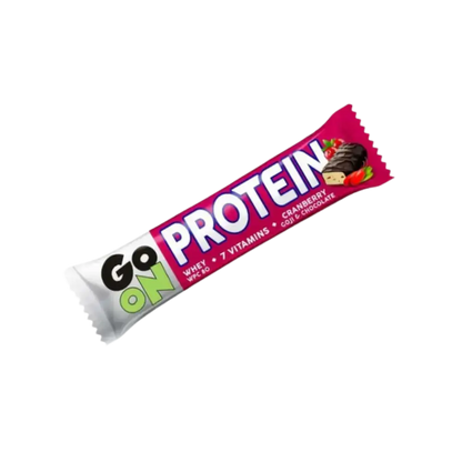 GO ON Protein Bar Cranberry 50g – Barre protéinée énergétique sans gluten, riche en WPC 80, canneberges et chocolat pour la récupération musculaire