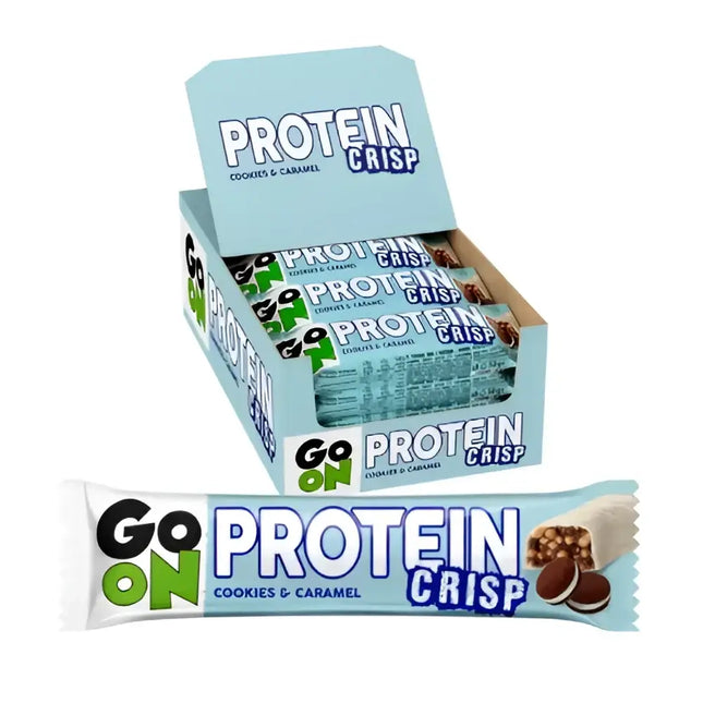 GO ON Protein Bar Crisp Cookies Caramel – Pack de 24 barres protéinées sans gluten, riches en vitamines et fibres, parfaites pour sportifs et actifs