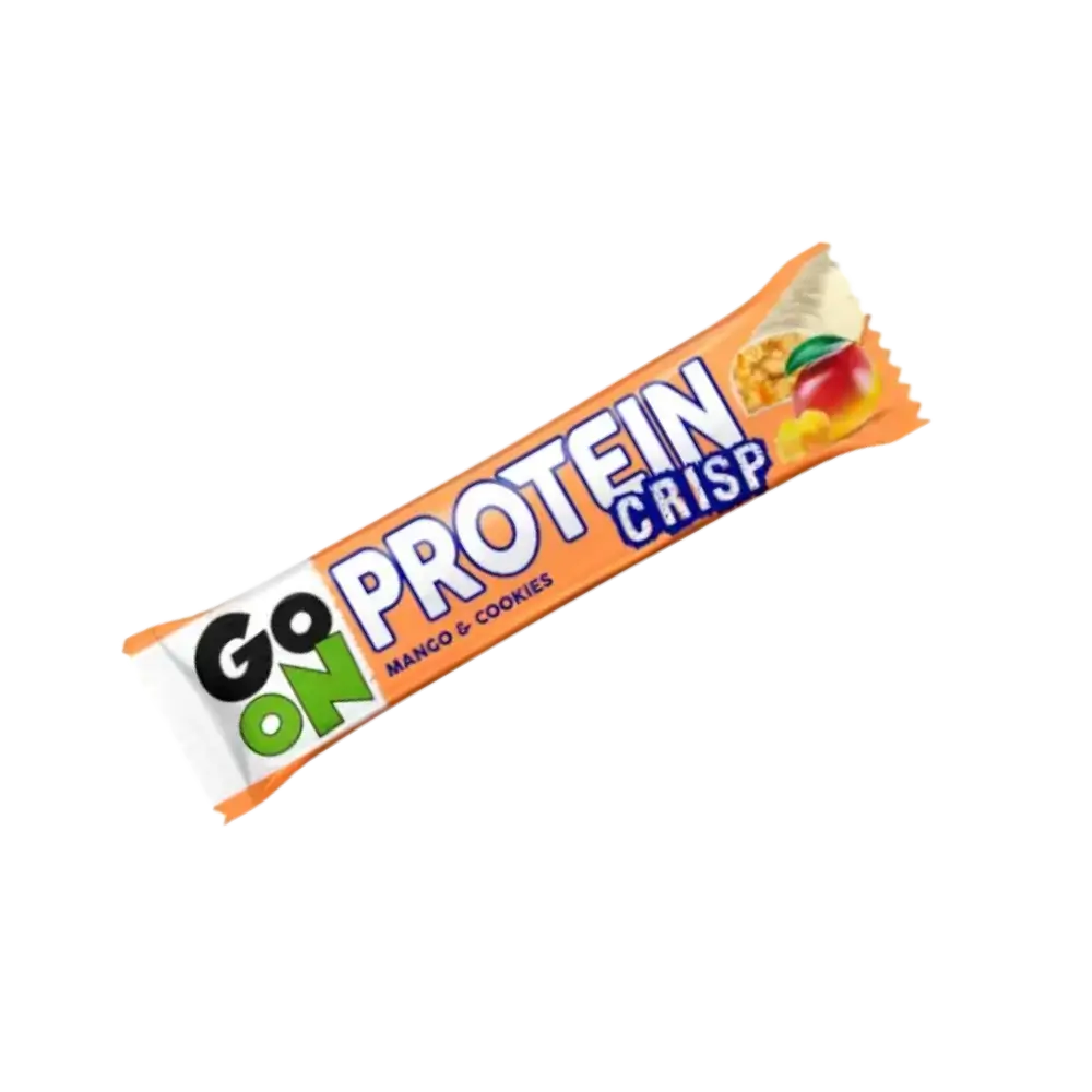 GO ON Protein Bar Crisp Mango cookies 45g – Barre protéinée croustillante, saveur mangue, enrichie en WPC 80 et vitamines, idéale pour la récupération
