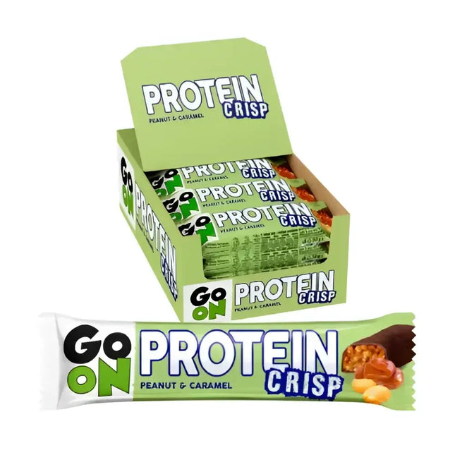 GO ON Protein Bar Crisp Peanut Caramel – Pack de 24 barres protéinées sans gluten, riches en vitamines et fibres, parfaites pour sportifs et actifs