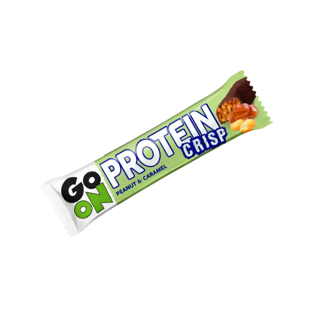 GO ON Protein Bar Crisp Peanut Caramel 50g – Barre protéinée croustillante, saveur cacahuète-caramel, enrichie en WPC 80 et vitamines, idéale pour la récupération