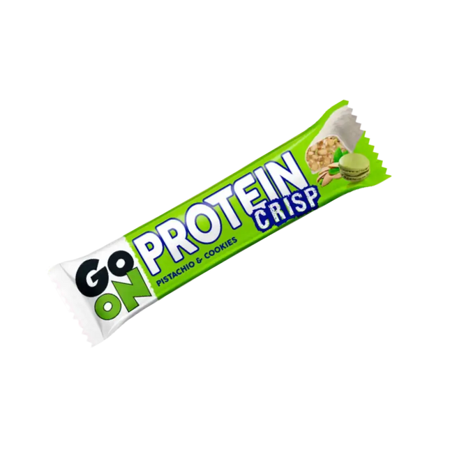GO ON Protein Bar Crisp Pistache Cookies 45g – Barre protéinée croustillante, saveur pistache, enrichie en WPC 80, idéale pour la récupération musculaire