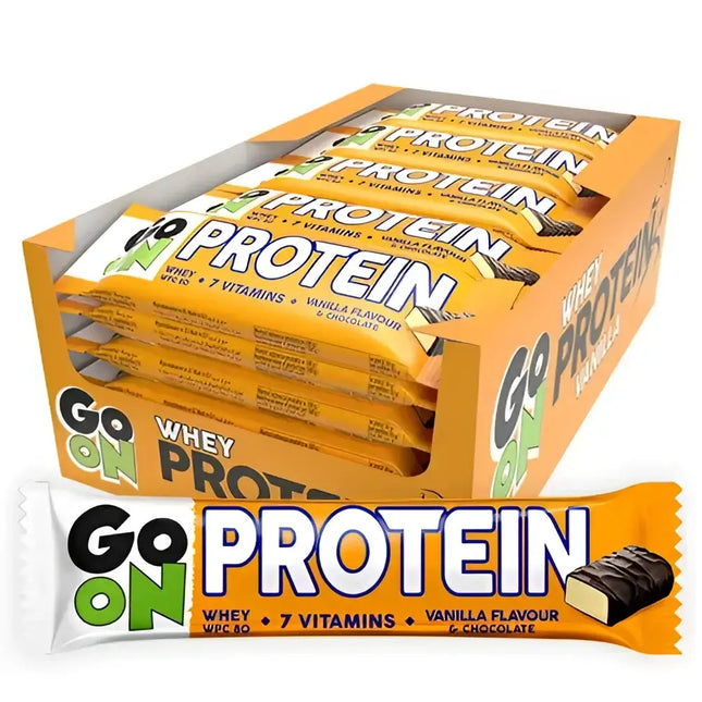 GO ON Protein Bar Vanille 50g – Pack de 24 barres protéinées, enrobées de chocolat, riches en WPC 80 et vitamines, parfaites pour sportifs et actifs